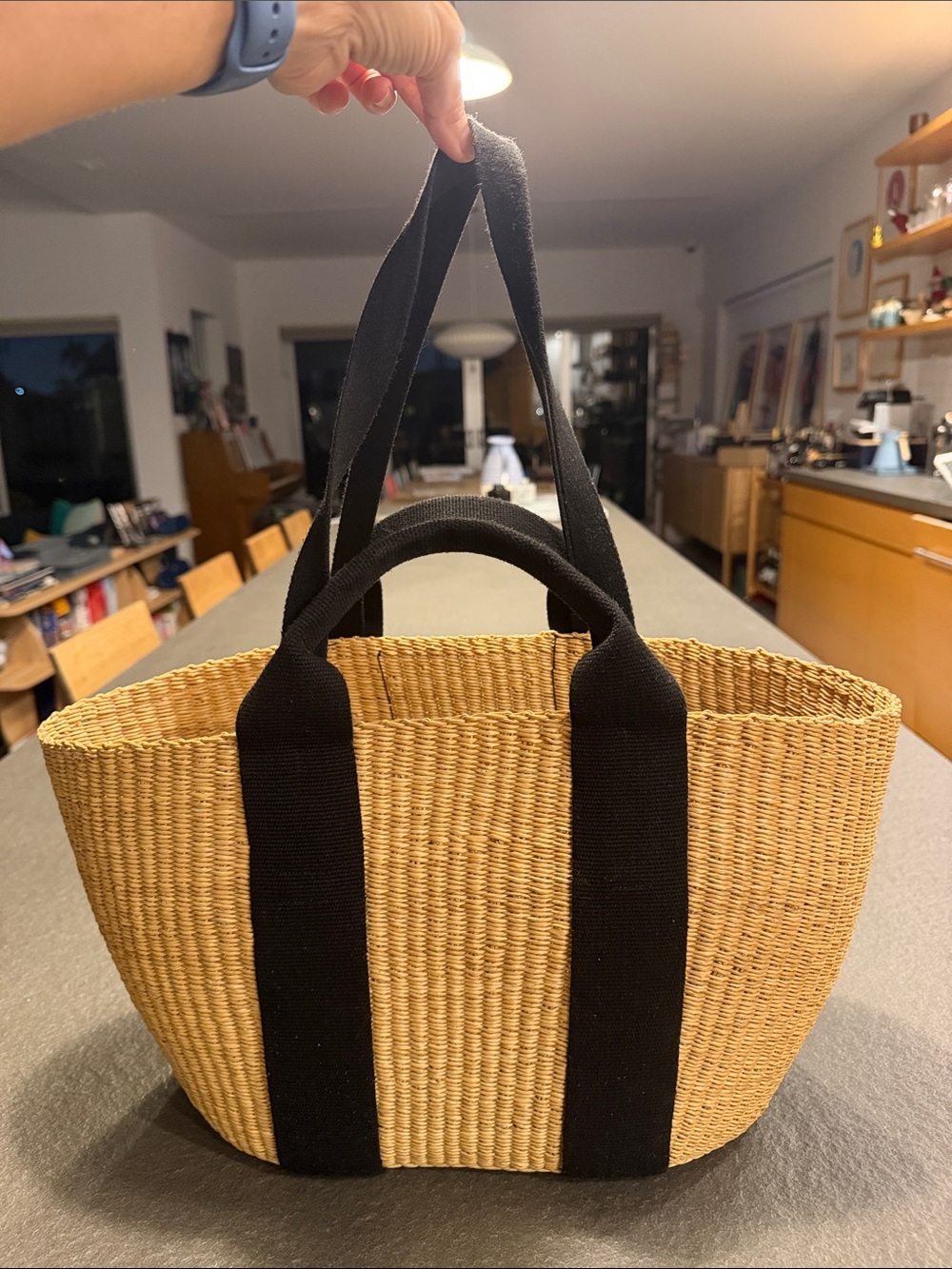 Woven Straw Tote with Black Straps - Women Bags Totes